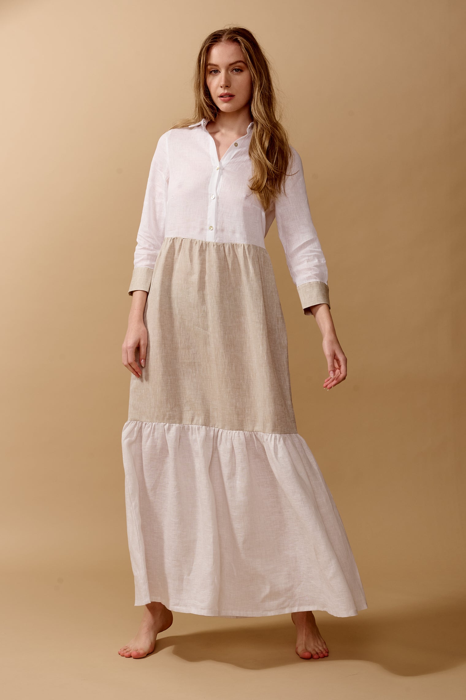 Berry Dress - Colorblock Beige Linen Maxi Shirt Dress