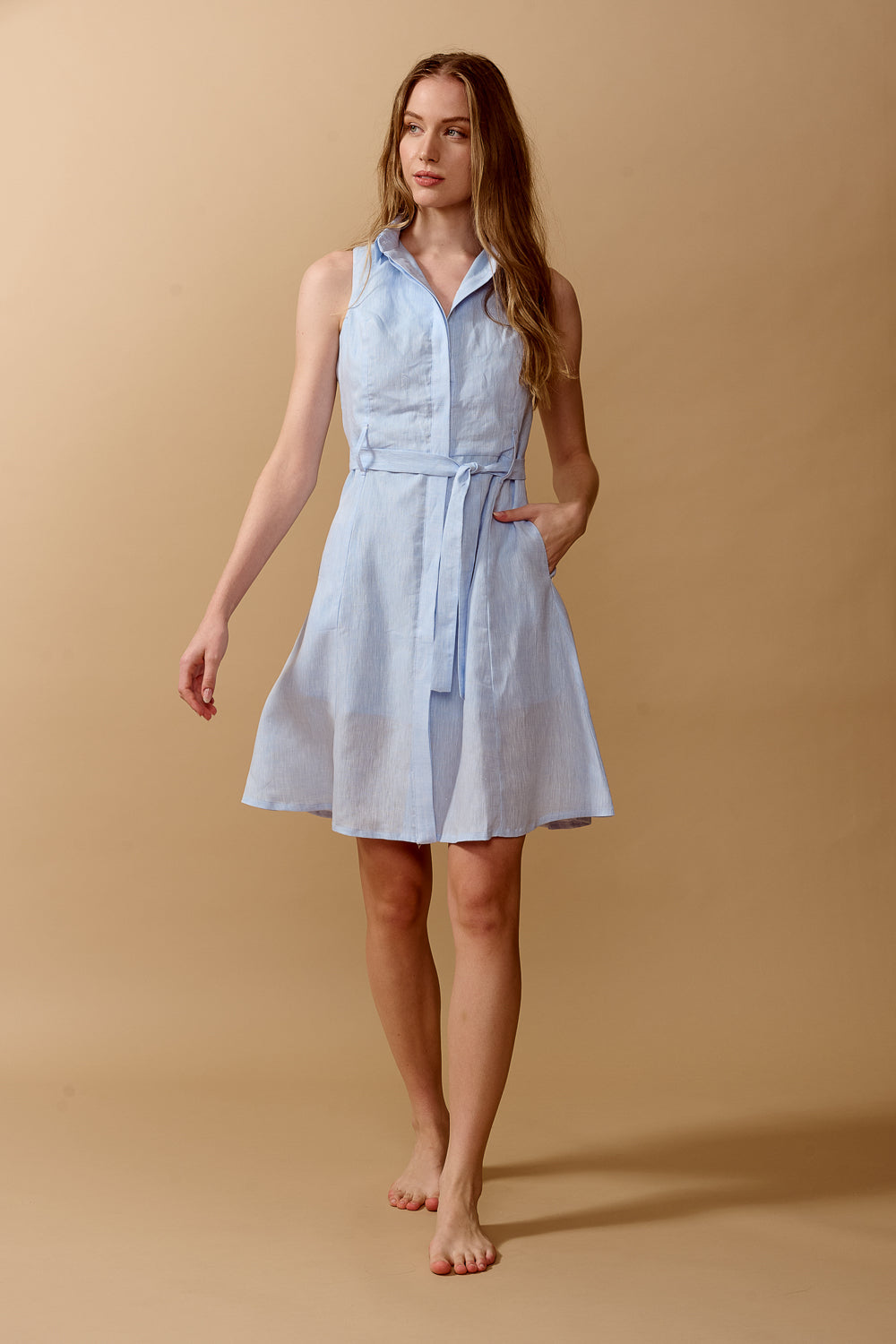 Mora Mini Dress - Cielo Blue Belted Shirt Linen Summer Dress